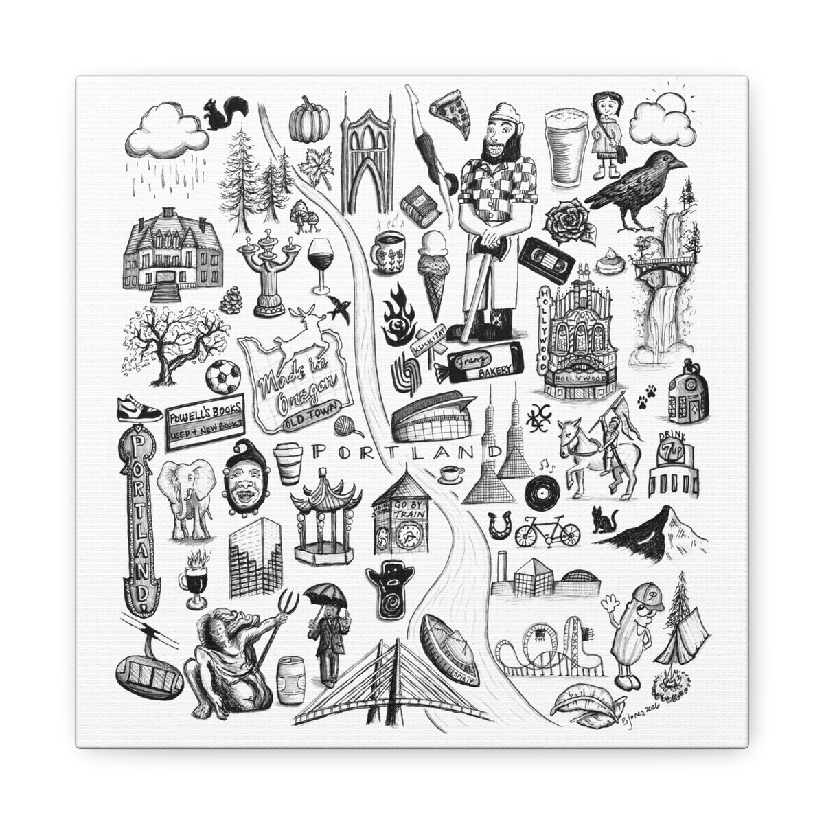 Matte Canvas Portland Oregon Landmark Collage Wall Art